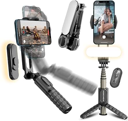 KOSCHEAL Estabilizador de Movil, Estabilizador de Cardán con Luz de Relleno para Video de Vlog/Youtube/TikTok con Inalámbrico Rotación Automática de 360° y Modo de Escena con App