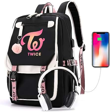 Kpop Twice Mochila Escolar dos Veces Merchandise, Bolsa de Libros Doble Mochila Casual, Negro