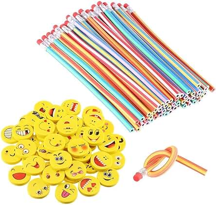 LATERN 80 Piezas Kids Party Bag Set de Relleno, Suave Flexible Bendy Lápices y Emoji Smile Erasers Magic Bend Toys School Fun Equipo de Papelería Favor Suministros