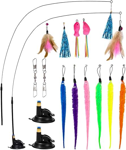LEAZZLE 16 Piezas Juguetes para Gatos,Juguete Pluma de Gato Interactivo con Ventosa,2 Varitas Divertidas Retráctiles y 14 Teaser de Plumas de Repuesto con Campana- para Gatos y Gatitos