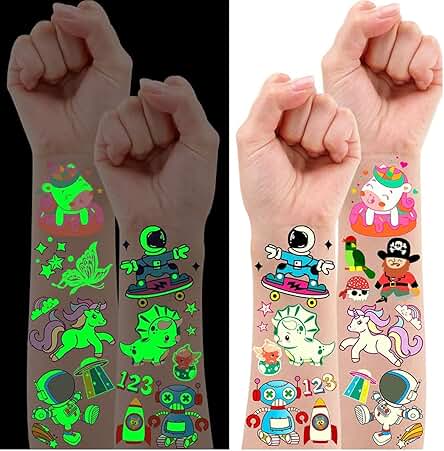 Leesgel 30 Hojas Tatuajes Temporales Niños, Luminoso Tatuajes Temporales Unicornio/Dinosaurio/Sirena, Detalles Regalos Cumpleaños Niños Colegio Relleno Piñata Fiesta Cumpleaños Infantil