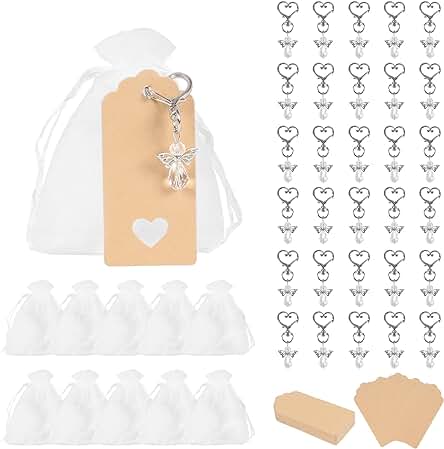 Leiptes 30 Piezas Llavero ángel de la Guarda Colgantes de ángel de la Guarda con Etiquetas Kraft y Bolsas de Organza Llavero de Ángel para Bodas Bautizos Partido Navidad Regalos (Blanco)