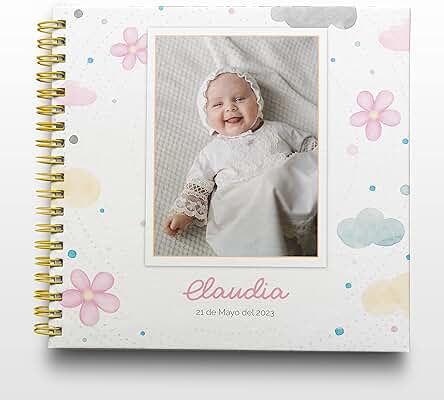 Libro de Firmas Bautizo Niña Personalizado - Tamaño 25 x 21 cm. Personalización del Álbum en Portada Foto y Nombre - 60 Páginas Impresas a Color. ONEPERSONAL