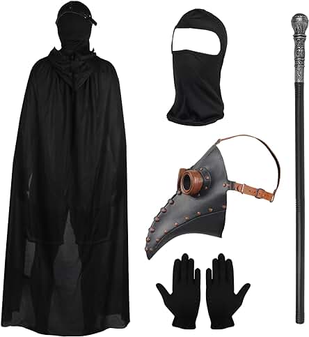 Lifreer Conjunto de Disfraz de Cosplay de Halloween, Máscara de Médico de la Peste, Máscara de pico de Nariz Larga con Guantes Negros, capa con Capucha, Máscara de cara Completa, Accesorios de Disfraz de Fiesta de Máscaras de Bastón