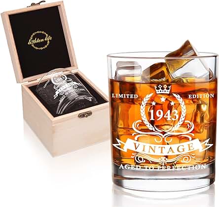 LIGHTEN LIFE Regalos de 80 Cumpleaños para Hombres 12 Onzas, vaso de Whisky 1943 en caja de Madera Valiosa,vaso de Whisky para Papá de 80 Años,marido,amigo,decoraciones de Cumpleaños 80 para Hombres