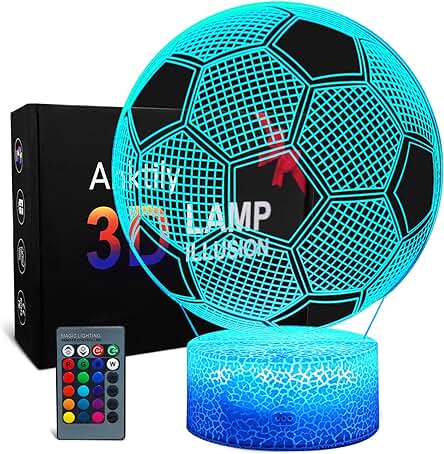 Lámpara 3D Fútbol de Ilusión óptica Luz Nocturna Infantil, Lámpara de Noche de 16 Colores con Control Remoto, Lámpara de Decoración Regalo Para Niños Hombres(Base Agrietada)