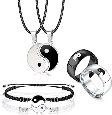 LOLIAS 6 Piezas a Juego Yin Yang Collar Pulseras Anillos Conjunto Pareja Collar Pulsera Anillos para él Y Ella a Juego Yin Yang Collar Novio Novia Amistad San Valentín Joyería Regalo