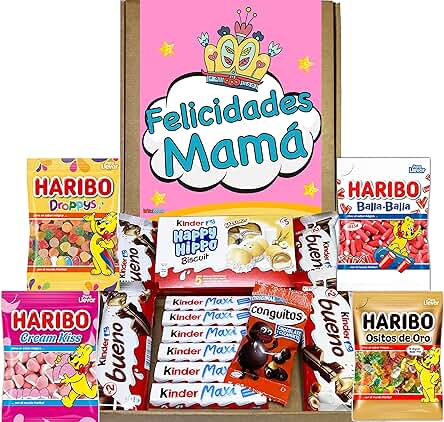 Lote Regalo Día de la Madre Kinder y Haribo - Caja Bombones Regalo Día de la Madre - Incluye Kinder Bueno, Kinder Hippo, Gominolas Haribo, Kinder Chocolate Maxi. Lleva una Bonita Ilustración.