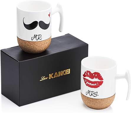 Love-KANKEI Tazas de Mr y Mrs de Cerámica con Fondo de Corcho, Tazas de Cafe Juego de 2 con 300ml, Tazas Desayuno como Regalo Ideal para Bodas, San Valentín, Cumpleaños