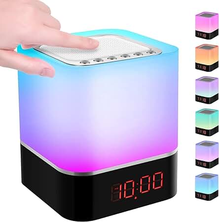 Raheoy Luces Nocturnas Altavoz Bluetooth,Lámpara de Noche Smart Touch, Reloj Despertador Digital, Luz de Noche Multicolor RGB Regulable, Regalos para Niños Adolescentes