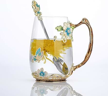 Luka Tech Tazas de Café Esmaltadas Hechas a mano con Forma de Mariposa, taza de té con Cuchara, el Mejor Regalo de Cumpleaños para Mujer, Mamá, Amigas,la Navidad, día de la Madre (Blue-tall)