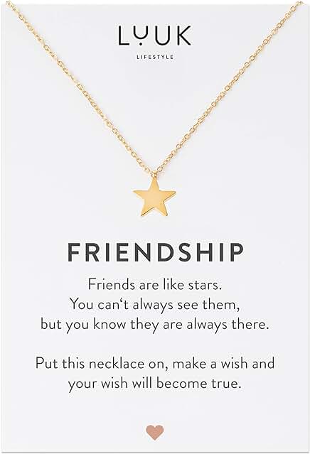 LUUK LIFESTYLE Collar de Acero Inoxidable con Colgante de Corazón I hoja de Trébol I Estrella I Ancla I Globo I Infinito, Tarjeta FRIENDSHIP, joya de Mujer, Regalo, Amuleto de Suerte, Plata, oro, rosa