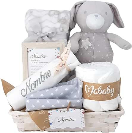 Mababyshop Happy Rabbits, Canastilla Bebé Personalizada, Manta y Peluche Recién Nacido. Cesta Regalo Bebe con Muselina Personalizada, Babero y Pañales (Gris)