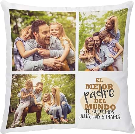 Made in Gift Cojín Personalizado con Fotos y Texto de Diseño Collage “El Mejor Padre del Mundo” Regalo Original para Padres