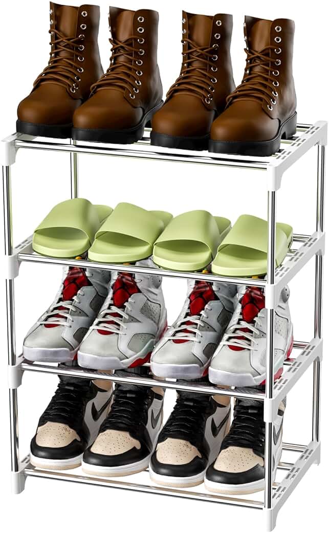 Magrimaxio Zapatero de 4 Niveles, Estantería de Metal para 8 Pares de Zapatos, Zapatera de Almacenamiento, Estantería de Zapatos Apilable para Entrada, Baño, Sala de Estar, Armario (Plata)