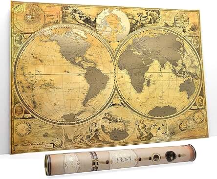Mapa de Pared con Diseño de mapa de la Historia de la Ancla con Rasguños en el Mundo, Diseño de Antiguo Mapa, mapa del Mundo en Color Dorado