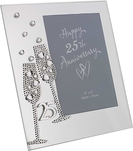 Marco de Fotos de Cristal de 25º Aniversario de Boda, Bodas de Plata, Diseño de Copas de Champán y Diamantes (19 x 16,5 cm) - WG45425