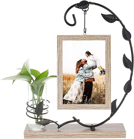 Marco de Fotos de Doble cara de Hierro Arte, con 1 Marco de Fotos de Madera Vintage y 1 Botella de Vidrio Hidropónico, Marco de Fotos Colgante con Base de Madera para Dormitorio, Sala de Estar Marco de Fotos de Doble cara de Hierro Arte, con 1 Marco de Fotos de Madera Vintage y 1 Botella de Vidrio Hidropónico, Marco de Fotos Colgante con Base de Madera para Dormitorio, Sala de Estar