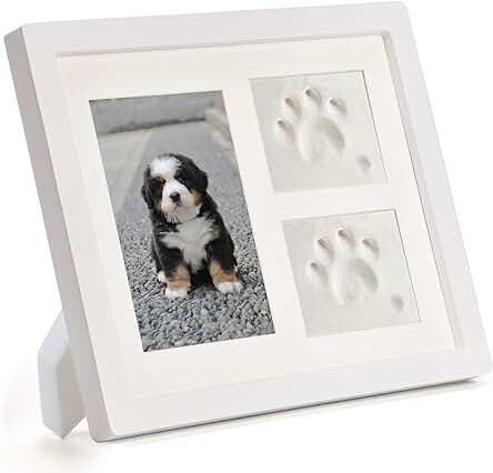 Marco para Foto Blanco,Marco Doble para Foto y Huella de Pie para Perro y Gato,Decoraciones para Pared y Mesa con Kit de Impresión de Arcilla -Blanco/Blanco