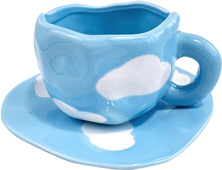 Maygone Juego de Tazas de Café y Platillo de Cerámica Irregular Retorcidas y Torcidas, Tazas de Café de Nube, Regalos para Niñas y Amantes de la Mamá