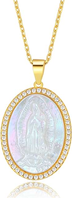 MEGA CREATIVE JEWELRY Collar Milagrosa Virgen María Oro Colgante Religioso para Mujer Regalo Madre Esposa Abuela Niña Joyería Cristiana Plata 925 con Cristales Nácar Oval