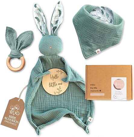 Mikito - Pack con 4 Regalos Para Bebes Recien Nacidos Originales - Doudou Bebe Muselina + Babero Bandana + Mordedor + Tarjeta - Ideal Como Pack Regalo/Canastilla Bebe