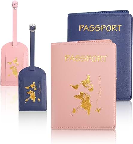 MINISOISO 2 Juegos de Pasaportes, Juegos de Pasaportes con 2 Etiquetas de Equipaje, Juegos de Pasaportes para Hombres y Mujeres, Tarjetas de Identidad, 10.7 × 14,2 cm, Azul + Rosa
