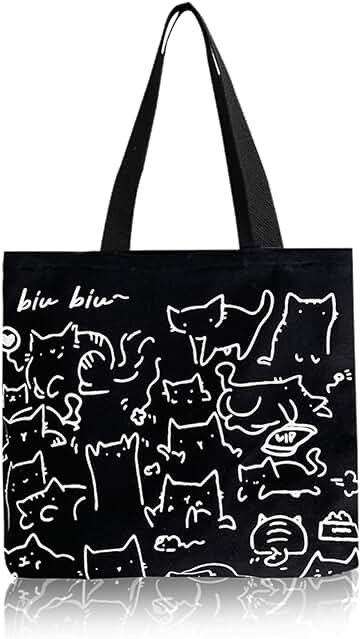 MIVAIUN Bolso Tote de Lona Gato Negro,Bolso de Playa para Mujer,Con Cremallera,Bonita Bolsa de la Compra Reutilizable,Bolsa de la Compra Lavable y Plegable,Regalo para Amantes de Los Gatos
