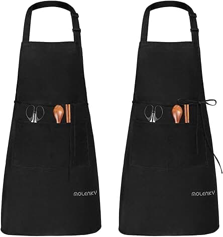 MOLENKY Delantal de Cocina Impermeable(2 Piezas), con Tira de Cuello Ajustable y 2 Bolsillos, Delantal Chefs Cocina para Cocinar/Hornear (Negro)