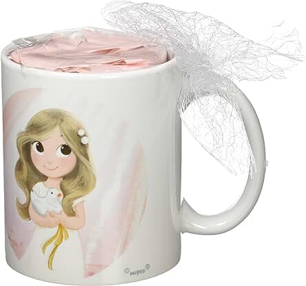 Mopec Taza Primera Comunión de Porcelana para Niña Adornada con Caramelos de Frutas, Pack de 1 Unidad, Blanco, 8.20x8.20x9.50 cm