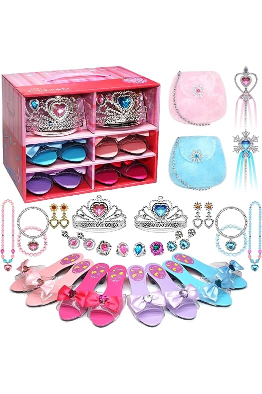 Mrabbitoo Kit de Maquillaje - Juego de rol Princesa Jewellery Boutique con 4 Pares de Zapatos,Pulseras,Collares,Pendientes,Anillos,Coronas,Cetros,Bolsos,Regalo de Cumpleaños y Navidad para Niñas de 4-5