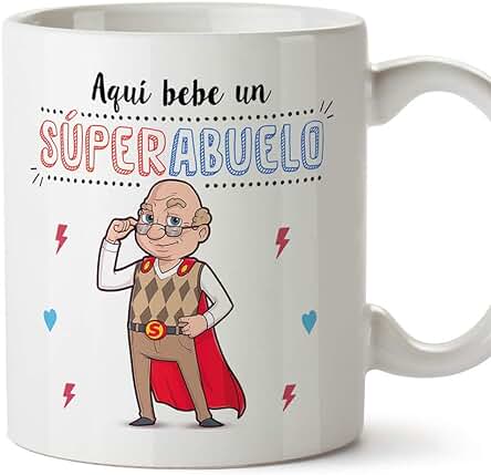 MUGFFINS Taza Abuelo - Aquí Bebe Un Super Abuelo - Taza Desayuno/Idea Regalo Original/Día del Padre para Abuelitos. Cerámica 350 mL