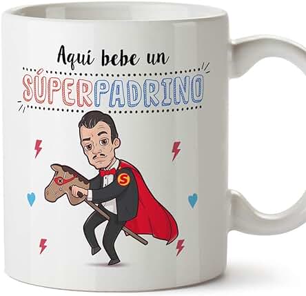 MUGFFINS Taza Padrino – AQUÍ Bebe UN Super Padrino – Taza Desayuno 350 ml Idea Regalo para Padrinos