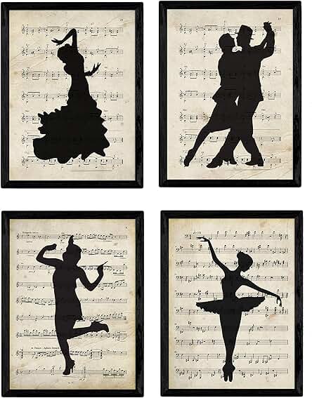 Nacnic - 4 Poster Vintage Estilo de Baile Sobre Partituras - Cuadro Artístico Decoración con Ilustración Sevillanas, Tango, Ballet, Foxtrot Charleston