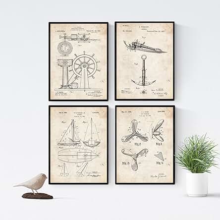 Nacnic - Pack 4 Láminas Vintage Patentes de Barcos - Set Posters de Inventos Marineros - Timon, Vela, Ancla y Helice de Barco - Tamaño A4 Nacnic - Pack 4 Láminas Vintage Patentes de Barcos - Set Posters de Inventos Marineros - Timon, Vela, Ancla y Helice de Barco - Tamaño A4