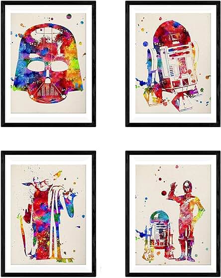 Nacnic - Set 4 Láminas Decorativas Star Wars Estilo Acuarela | R2D2 Yoda C3PO Darth Vader | Posters de La Guerra de Las Galaxias | Decoración Hogar Cuadros Frikis y Originales