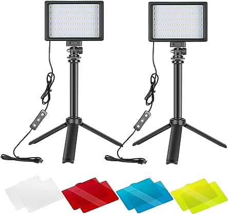 NEEWER 2 Packs Kit Iluminación Fotografía Portátil Regulable 5600K USB 66 Luz Video LED con Mini Trípode Ajustable Filtros Color para Fotografía Mesa/Angulo Bajo Video Estudio