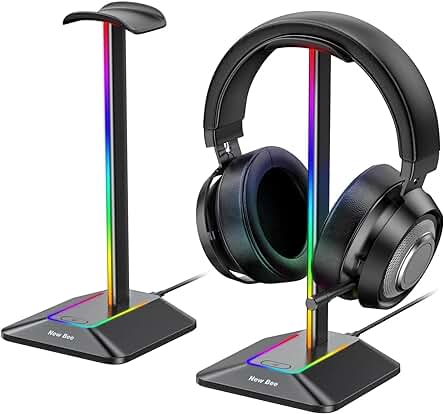 New Bee Soporte Auriculares RGB, Soporte Cascos Gaming para Videojuegos, Accesorio LED con 7 Modos de Iluminación, Base de Goma Antideslizante, para PC Gamer, Auriculares Gaming, Negro