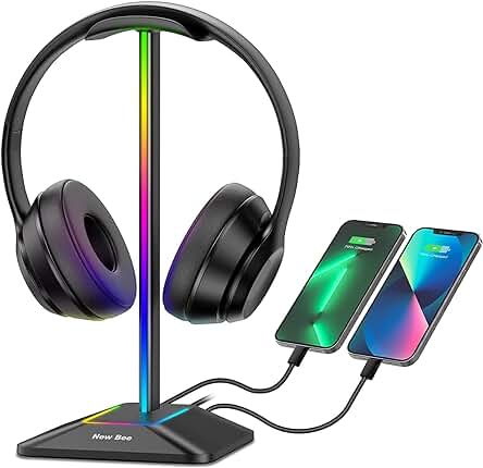 New Bee Soporte Auriculares, Soporte Cascos Gaming RGB para Juegos con Cargador USB Tipo C y Transferencia de Datos, Universal, para Todos los Auriculares de Escritorio (Negro)