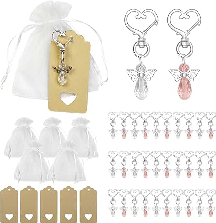 Newaner 33 Piezas Bautizo Boda Invitados Colgante Regalos con Bolsa de Organza y Etiqueta Papel de Estraza, Llavero de Ángel para Fiesta y Navidad de Bodas Comunión Regalo de Confirmación, Multicolor