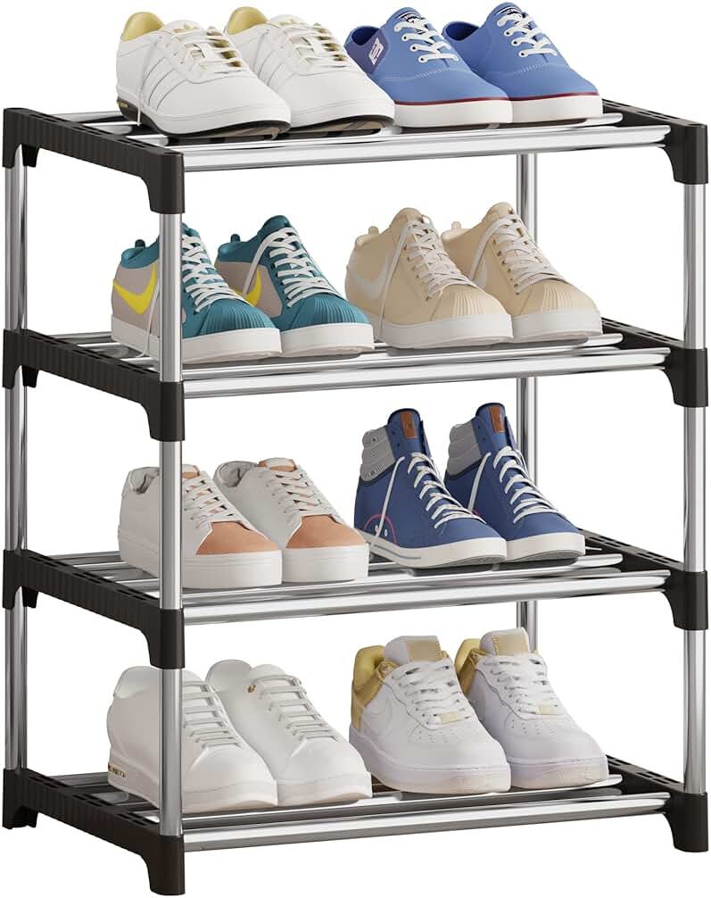 NIAWECAN Zapatero Pequeño Apilable, 4 Niveles, Almacenamiento para Zapatos, Estante Ligero para Zapatos, Almacenamiento, Organizador de Zapatos Estrecho, Estable para Armario, Entrada, Pasillo