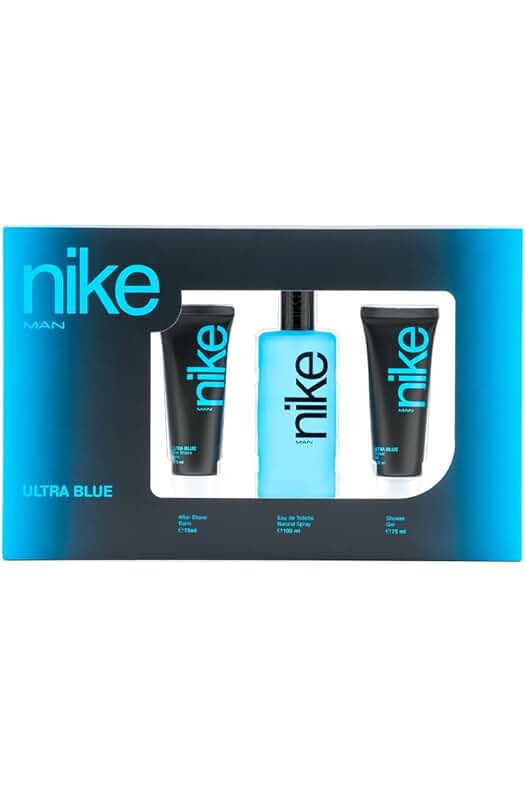 NIKE Ultra Blue, Perfume 100 ml + Gel de Baño 75 ml + After Shave 75 ml, Estuche de Regalo para Hombre, Pack Nike Ultra Blue 3 Pieza, Masculino, Valiente y Fresco, Colonia Floral, de Larga Duración