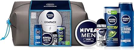 NIVEA MEN Gympack: Neceser de Regalo con gel de Ducha (250 ml), Champú (250 ml), Desodorante roll on (50 ml) y Crema (75 ml)