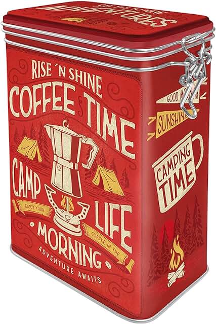 Nostalgic-Art Caja de Café Retro Camp Coffee Time – Idea de Regalo para Amantes al Camping, Lata con Tapa Aromática, Diseño Vintage, 1,3 l