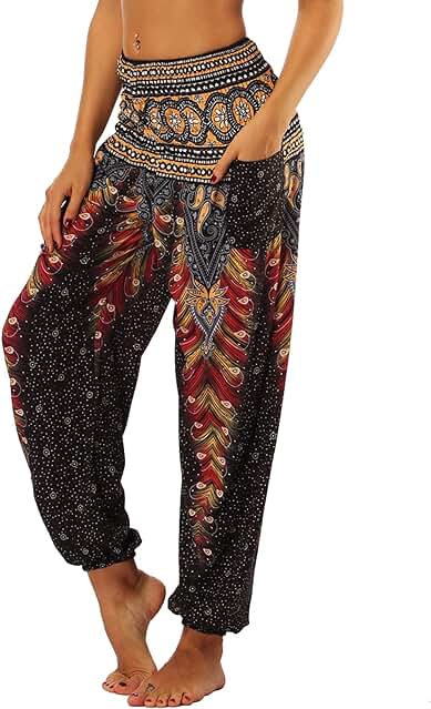 Nuofengkudu Mujer Pantalones Hippies Tailandeses Estampado Verano Cintura Alta Elastica con Bolsillos para Yoga Casual Nuofengkudu Mujer Pantalones Hippies Tailandeses Estampado Verano Cintura Alta Elastica con Bolsillos para Yoga Casual