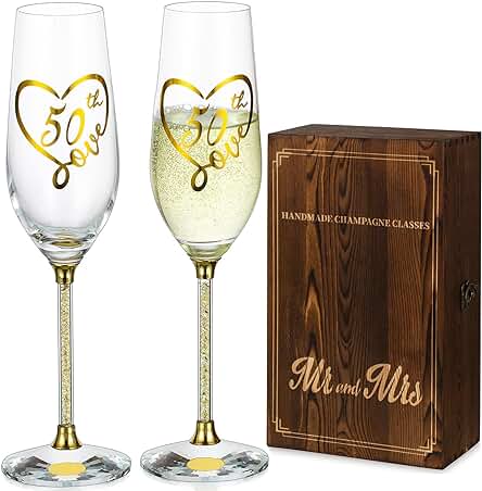 NUPTIO Copas Champagne Prosecco Flauta: Juego de 2 Bodas de Oro Regalos Caja Madera Personalizados Cristal 50 Aniversario Copas Grabadas para Parejas para Él y para Ella Sr. y Sra. Recuerdos