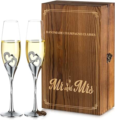 Nuptio Copas Champán Personalizadas para Bodas: con Caja Regalo Madera, Juego De 2 Copas Prosecco Cristal, Regalo de Plata de Compromiso, Brindis, Aniversario y Fiesta Despedidas De Soltera