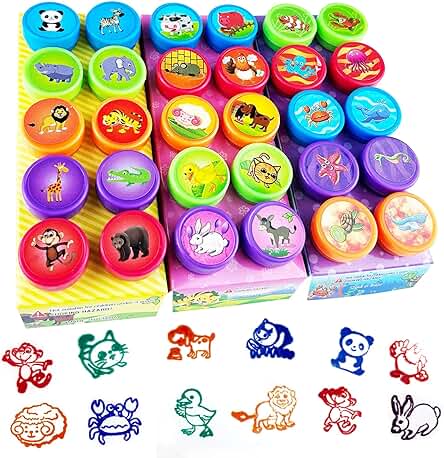 Nutabevr 30 Piezas 5 Colores Disponibles Animals Stamps Conjunto Sellos,Sellos Infantiles Colores,para Jugar Sobre Papel Juguetes Artesanales, Fiesta Infantil Premios Escolares Regalo de Cumpleaños