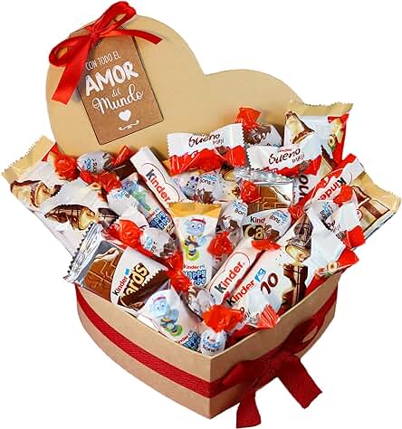 Onza. Caja de Chocolates Kinder Bueno para Regalar con Forma de Corazón. Cesta de Regalo Original Rellena con un pack de Kinder, SchokoBons, Happy Hippo, Kinder Cards, Kinder Bueno Mini.