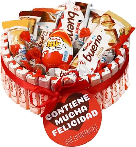 Onza. Cesta de Chocolates Tarta de Chocolatinas que Contiene Kinder Bueno, Chocobons, Kinder Joy, Happy Hippo. Regalo Original para Cumpleaños. (Kinder)